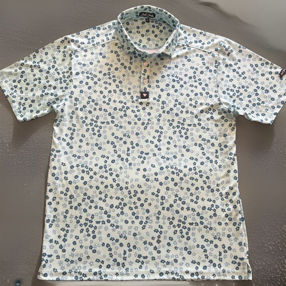 New Bad Birdie Men's Golf Polo Shirt M Blue Floral Stretch Short Sleeve Collared
